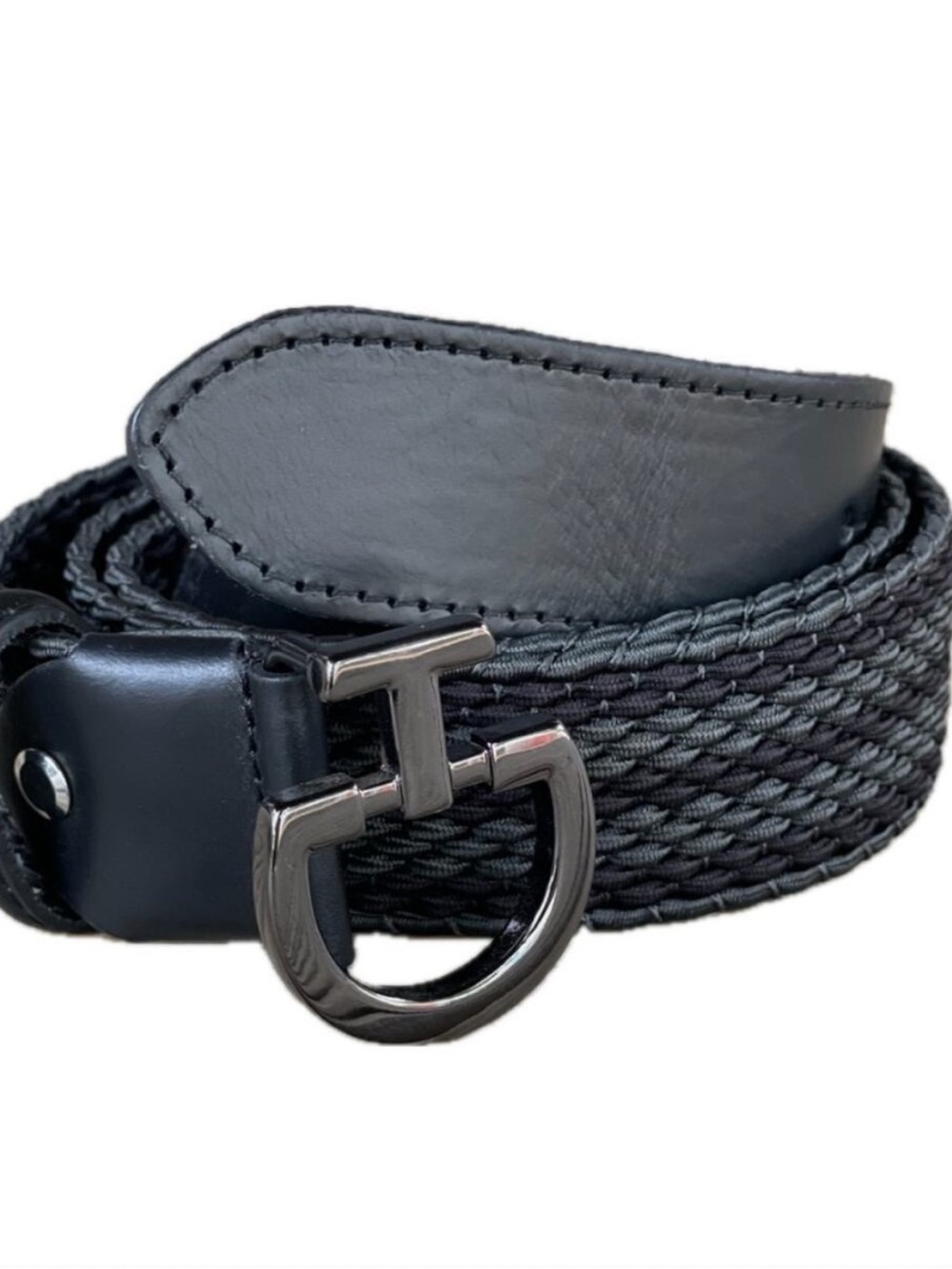 NEVER WORN Women's Black Woven Leather-Trim Belt with Gunmetal Buckle